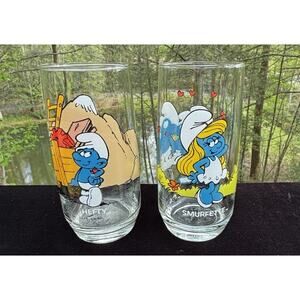 VINTAGE SMURF GLASSES PEYO 1980’s SMURFETTE & HEFTY Lot Of 2